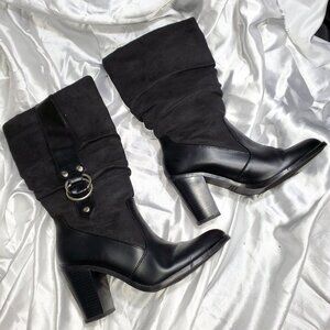 ROUTE 66 black thick high heel suede motorcycle boots SZ 9